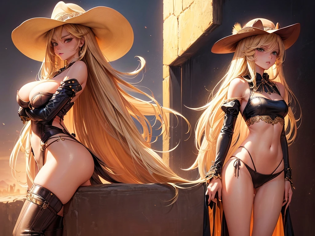 (depcit young girl), (((elegant cowgirl))), sexy, blond hair, long hair, straight hair, cowby hat, wearing leather cowboy clothes, (open legs, spread legs, brown eyes, thin , small breasts, nice hips, open shoulders, (((sassy))), (Masterpiece, Excellent, complex details), delicate girl, delicate face, back arched, pretty, sunny desert