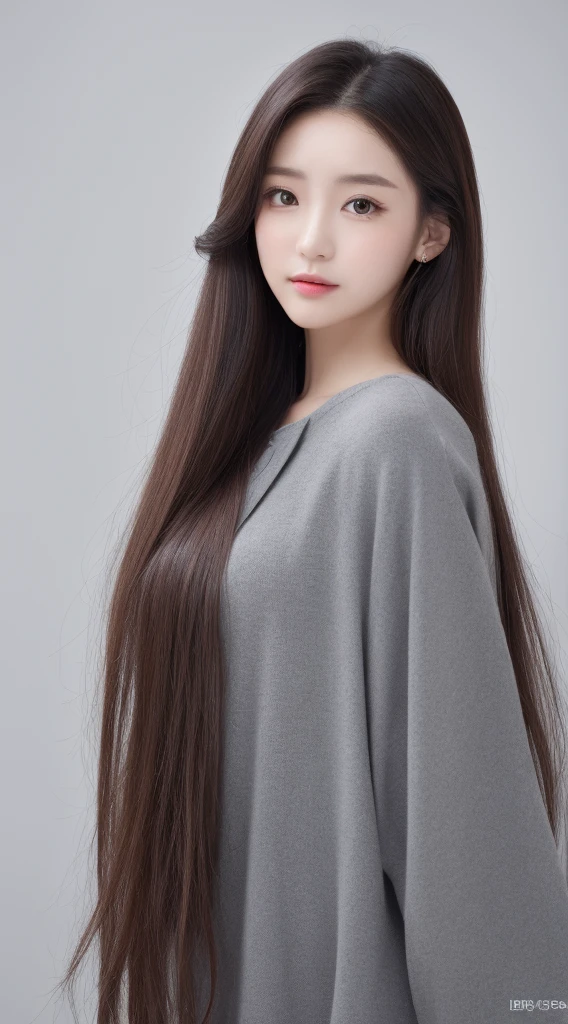 ((Realistic lighting、top-quality、8K、​masterpiece:1.3))、Clear focus:1.2、1girl in、flawless beauty:1.4、、Neat and clean clothing、One-piece clothes、Superfine Face、Narrow-eyed、double eyelid、lighting like a movie、photos realistic、28 year old、Face like a K-pop idol、white backgrounid、Gray background、Mature Woman、Classy makeup、Angle of pull、length hair、Longhaire、Long hair、Straight hair、Korea person、Rolled hair