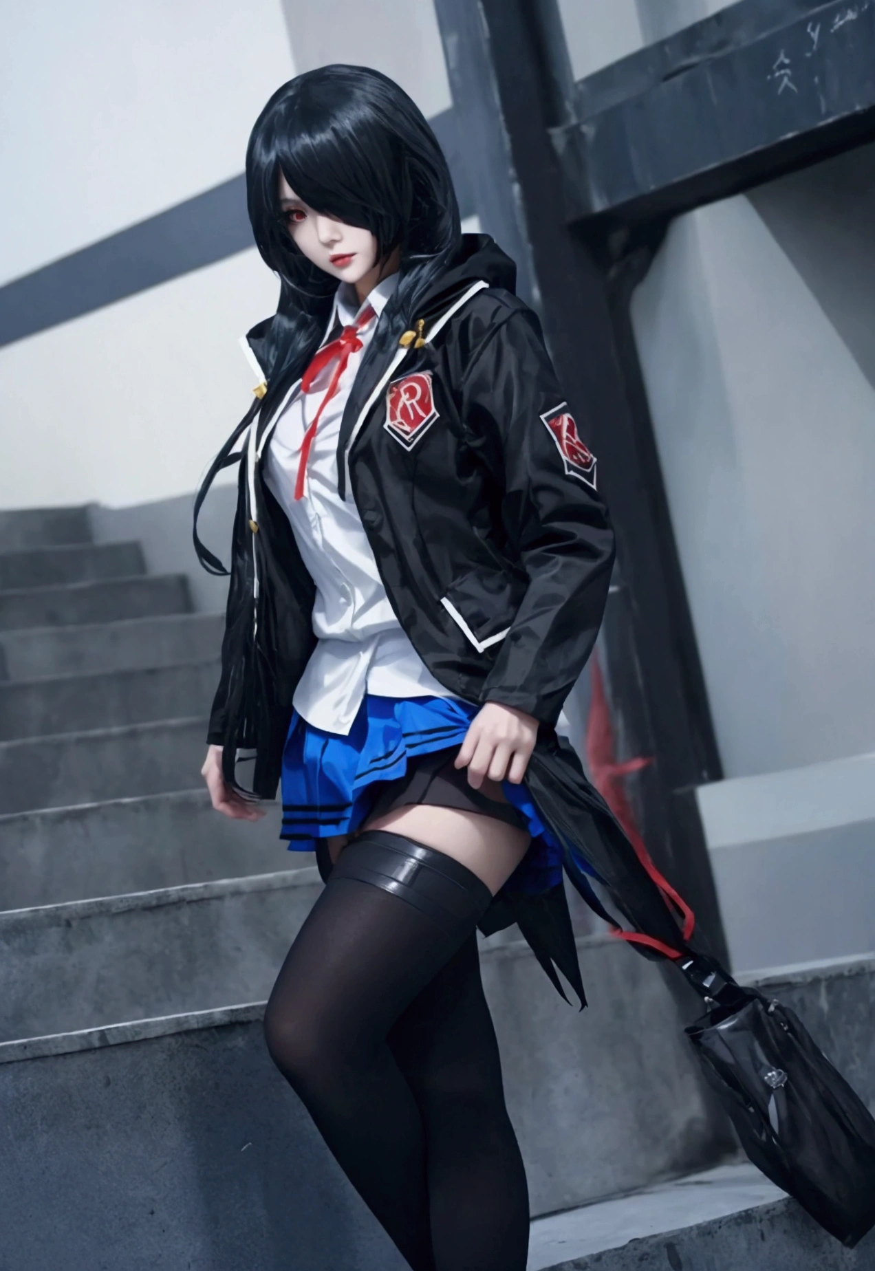 ultra-detailed, highly detailed,nbest quality, masterpiece, illustration, 
a young asian woman wearing a black jacket and white shirt posing for the camera, anime girl cosplay, anime girl in real life, black haired girl wearing hoodie, anime cosplay, ayaka cosplay, anime thai girl, cosplay photo, publicity cosplay, female action anime girl, jet black haired cyberpunk girl, attractive anime girl, korean girl, perfect android girl, waifu, cosplay, from girls frontline, fine details. girls frontline, anime girl, photorealistic anime girl render, female anime character