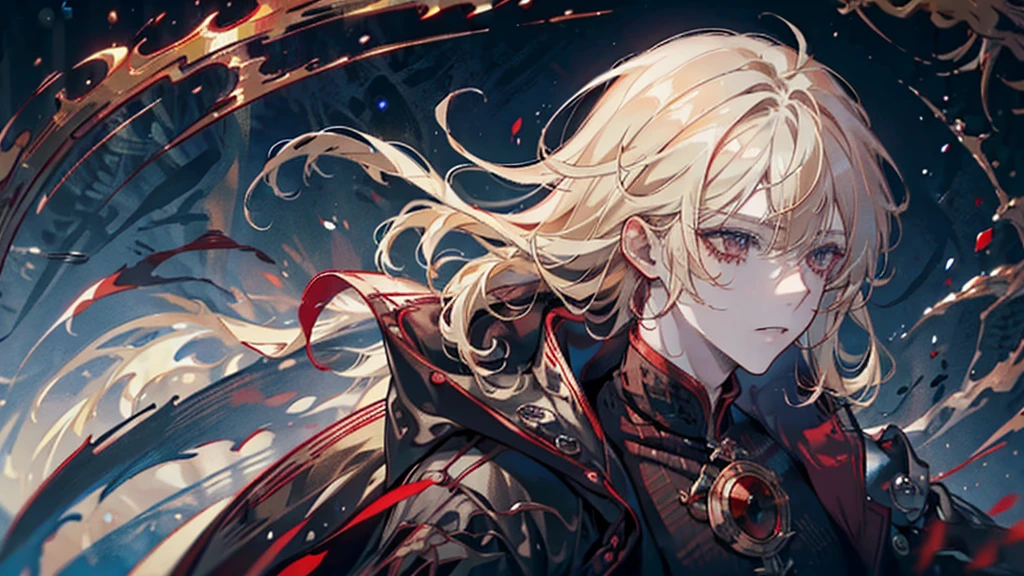alone, male, Red coat, Red eyes , Straight Facial, short hair, With bangs, Blonde and gradient black striped color, Blood magic, Blood