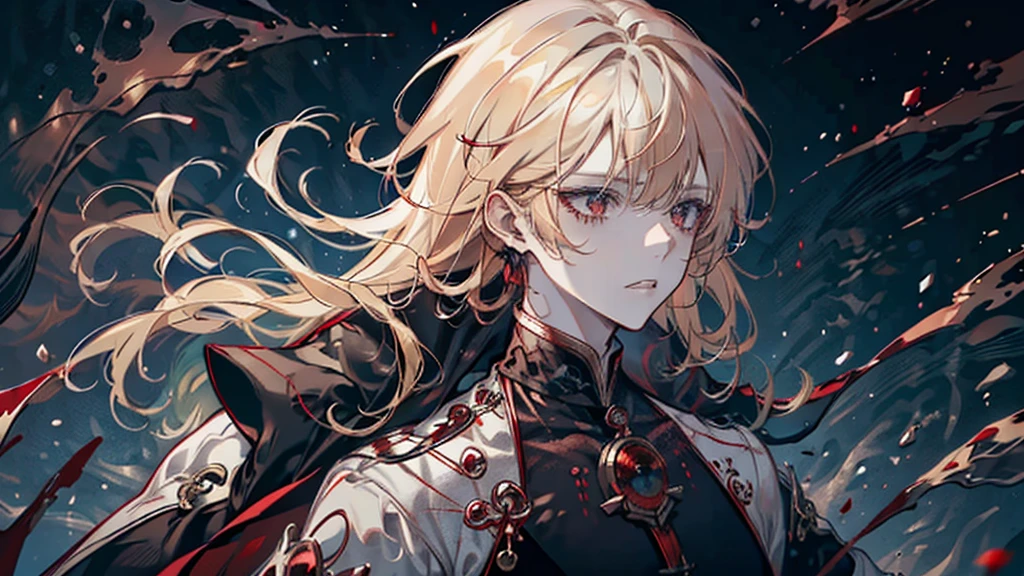 alone, male, Red coat, Red eyes , Straight Facial, short hair, With bangs, Blonde and gradient black striped color, Blood magic, Blood