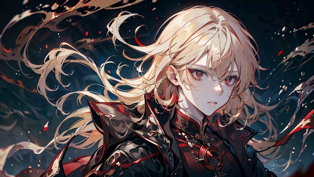 alone, male, Red coat, Red eyes , Straight Facial, short hair, With bangs, Blonde and gradient black striped color, Blood magic, Blood