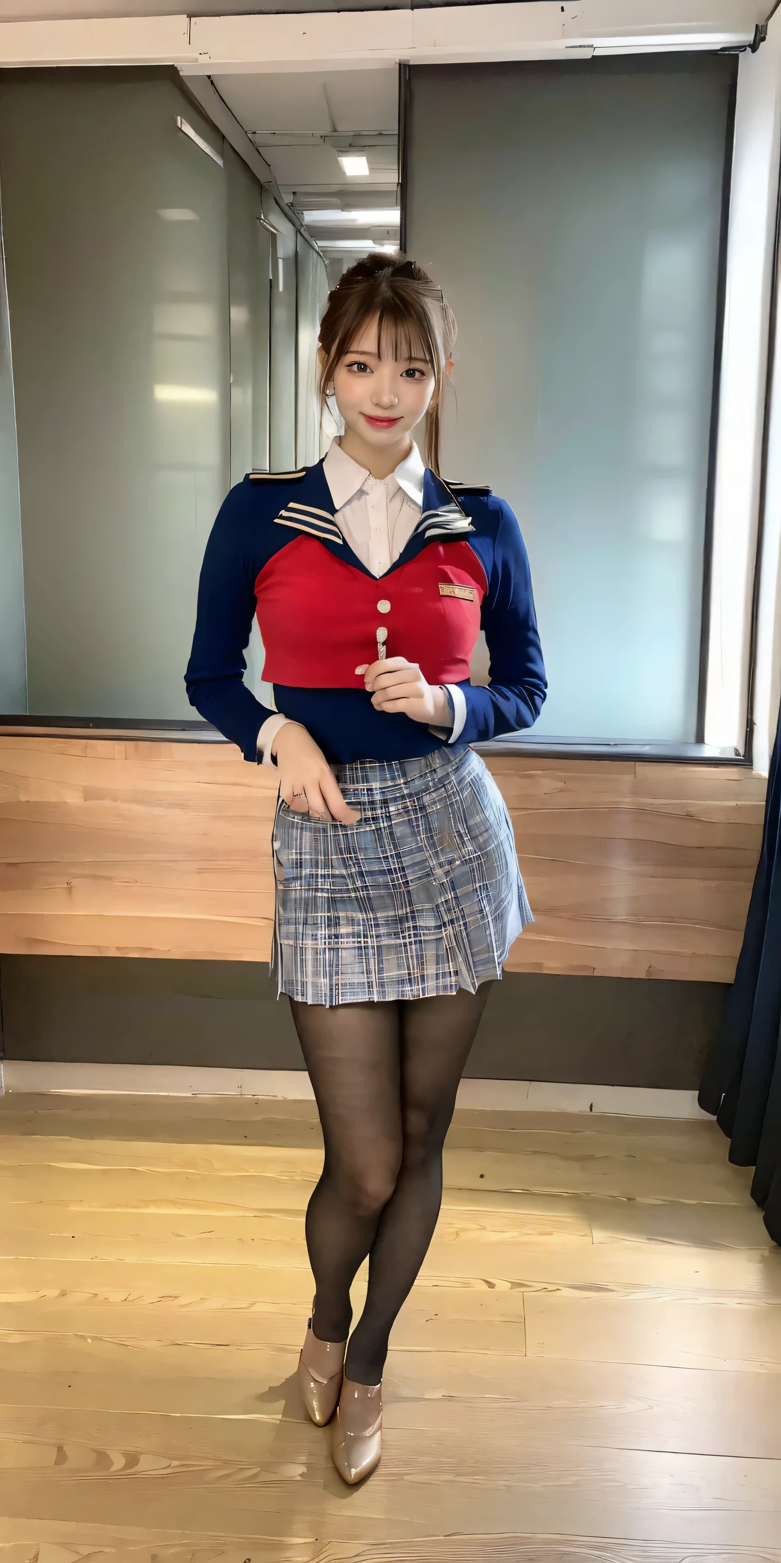 (((A proper woman, Eyes shining with excitement,smile,blush,blush,Red cheeks,Touch it,fascinating viewer,I want you))),(Skirt flip,i can see your Navy panties), (Skirt flip,i can see your Navy panties),((((blush,Red cheeks,Sweat)))),(Cinema Lighting), (Photo realistic:1.4)、(Surreal:1.4)、(Realistic:1.3)、 (Gentle lighting: 1.05)、(Improve the lighting quality of your videos:0.9)、 32k、25-year-old female、Photorealistic Lighting、Backlight、Facial Light、Ray-tracing、(bright:1.2)、(Improvement of quality:1.4)、 (Highest quality real texture skins)、Beautiful Eyes,Delicate face、 Face close-up, ((Wearing the Red Stewardess uniform,Red Stewardess,Midi Skirt,Navy panties,High heels),(Improve your body line mood:1.1)、Shiny skin、Korean Idol、Nogizaka idol、Perfect figure,Perfect Anatomy,Beautiful actress,(((Very huge beautiful breasts bigger than face,Narrow waist,Thin Hips,Long, slender legs,8 heads))),(((8 heads))),(((Brown-haired bun,Curtain bang))),(((In a beautiful modern office in the library,Very beautiful night view,At night))),