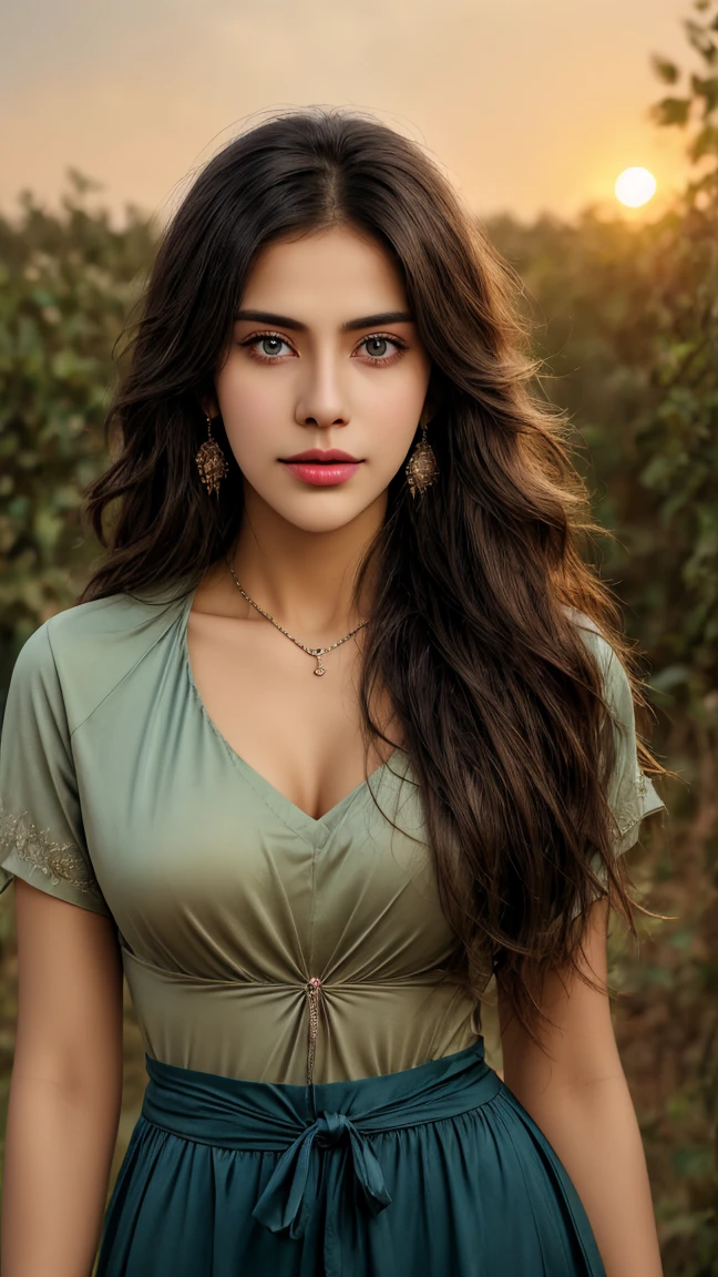 Indian woman blue eye and very long dark brown hair wolf hair cut hairstyle, round face shape with dimples, wering nose ring, ear rings,( body  mesurement 37-30-40 weight 70kg height 5.7 ft ,)realistic lighting and HDR 8K sunset time natural red sun  lightning ,5:10 ratio, wide angle, background beutifull naher , vibrant color grading, wide-angle shot, light leaks, adventure