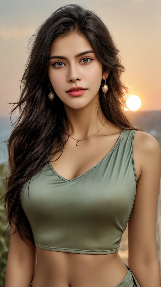 Indian woman blue eye and very long dark brown hair wolf hair cut hairstyle, round face shape with dimples, wering nose ring, ear rings,( body mesurement 37-30-40 weight 70kg height 5.7 ft ,)realistic lighting and HDR 8K sunset time natural red sun lightning ,5:10 ratio, wide angle, background beutifull naher , vibrant color grading, wide-angle shot, light leaks, adventure