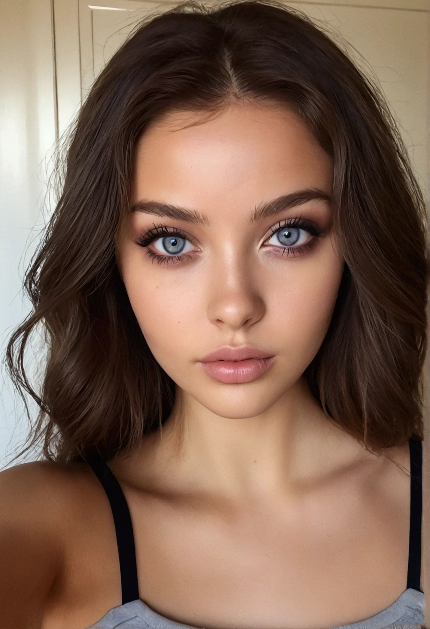 femme arafed avec débardeur et culotte assortis, fille sexy aux yeux bruns, portrait sophie mudd, cheveux bruns et grands yeux, selfie d'une jeune femme, Yeux de chambre, violette myers, sans maquillage, Maquillage naturel, regarder directement la caméra, Visage avec Artgram, Maquillage subtil, Superbe photo du corps entier, dans la chambre, clivage