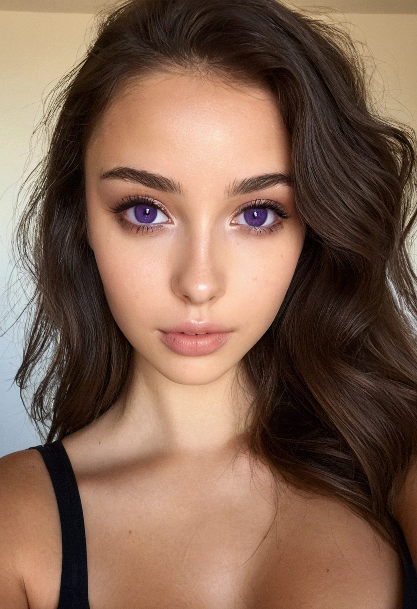 femme arafed avec débardeur et culotte assortis, fille sexy aux yeux bruns, portrait sophie mudd, cheveux bruns et grands yeux, selfie d'une jeune femme, Yeux de chambre, violette myers, sans maquillage, Maquillage naturel, regarder directement la caméra, Visage avec Artgram, Maquillage subtil, Superbe photo du corps entier, dans la chambre, clivage