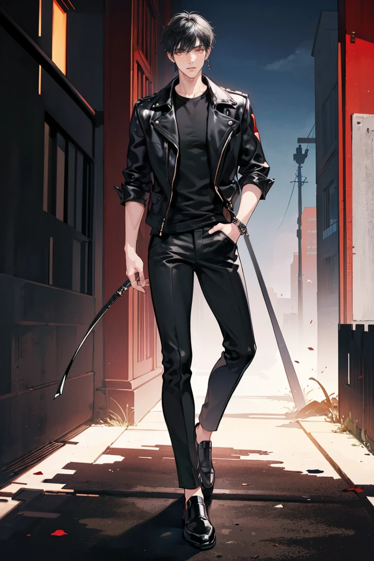 (masterpiece), best quality, seductive eyes, perfect face, handsome man, red eyes, short messy black hair, long nose, plain black t-shirt, black fitted pants, black leather jacket, full body, extremely tall man, long legs, long calves, anime cover, 1boy, ear piercings, hands in pockets, adult-like look, motorcycle
