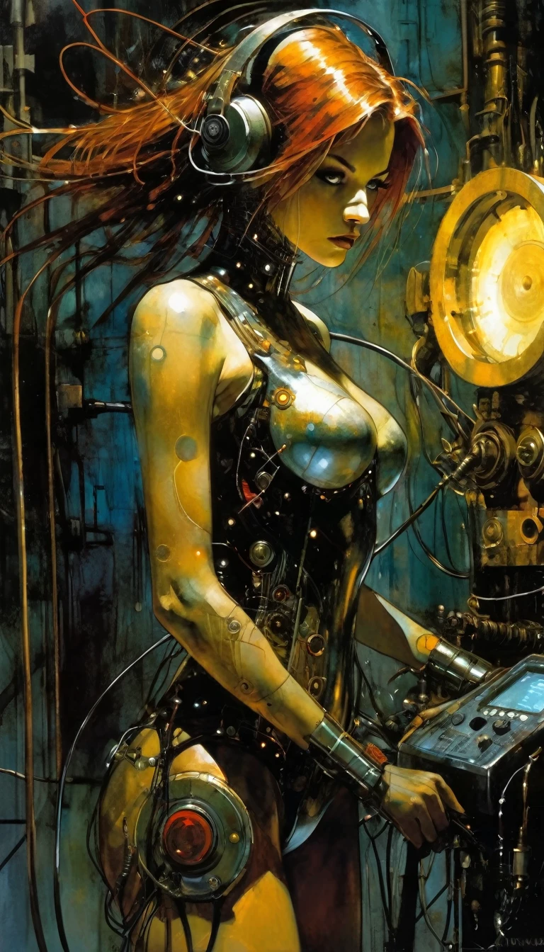 cyborg girl, charging, plugged into machinery, dark scene,(art inspired by Bill Sienkiewicz, intricate details, oil painted )
