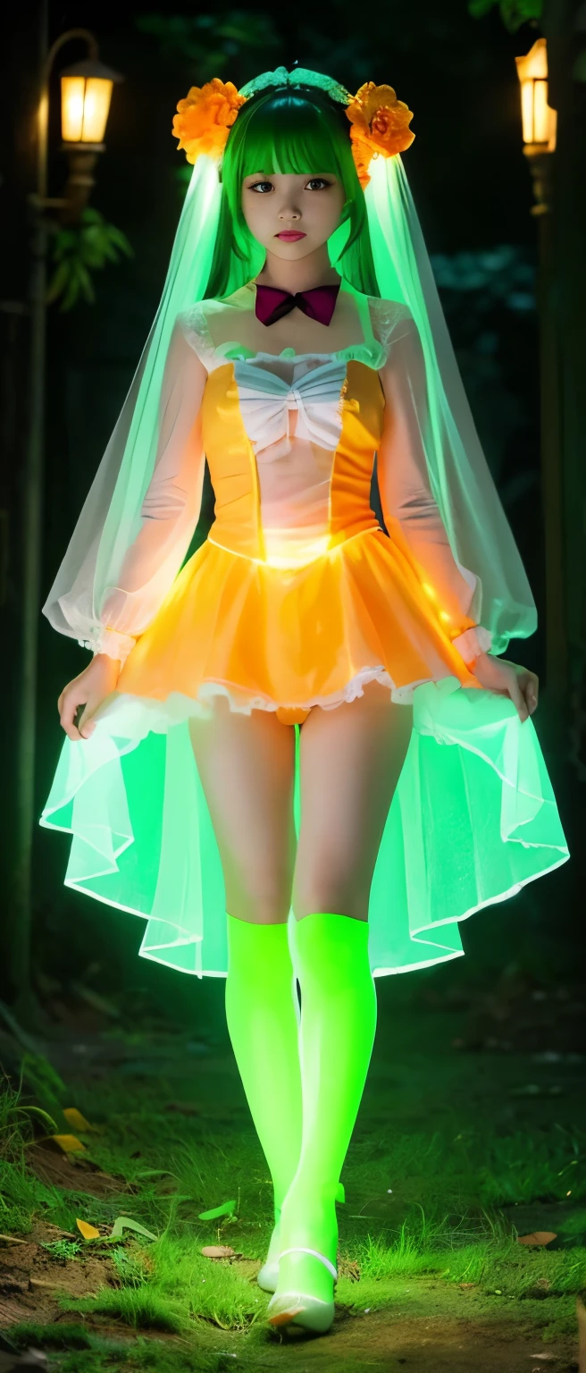 A cute and fairytale-like idol girl、whole body、Good style、、、、、、、、、、Thick legs、、Fluorescent orange and green ghost costume、Neat and clean idol face、A fairytale cemetery（Glowing）