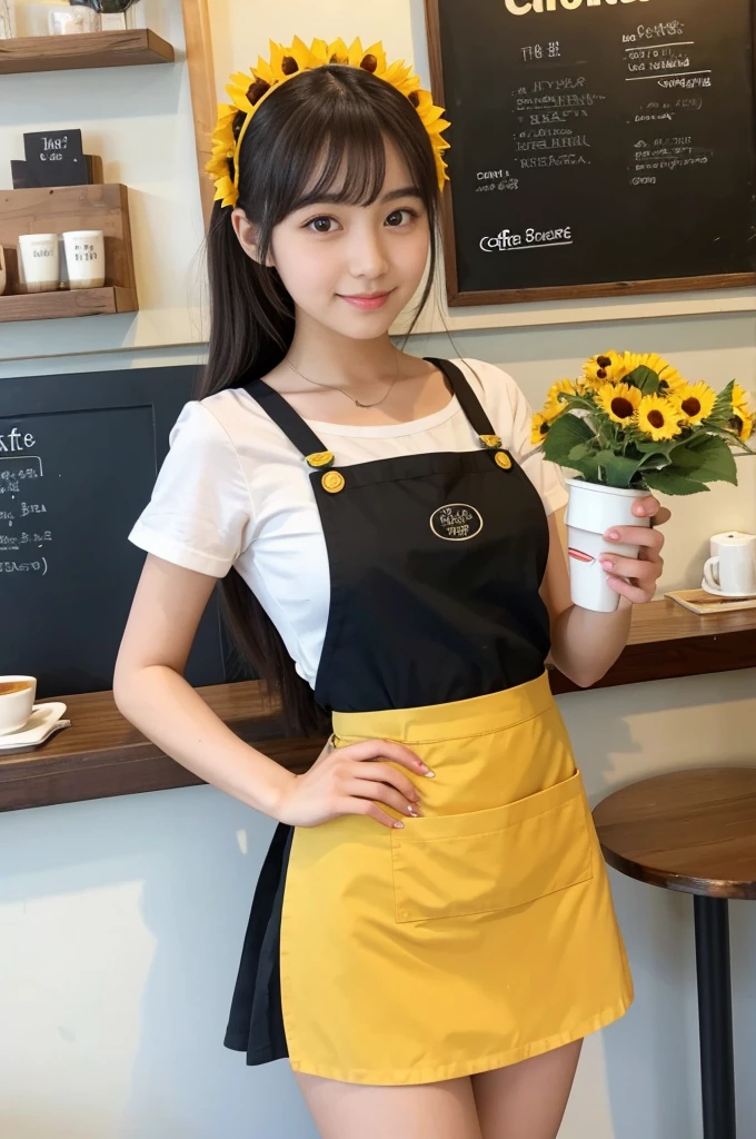 21 years old girl (Japanese cute face) wearing very short mini skirt and apron and working at the coffee cafe with sunflowers