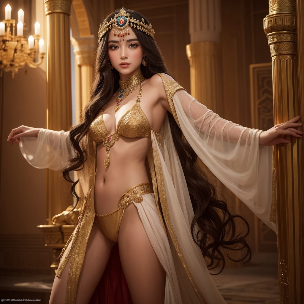The image depicts Ishtar, the mesopotamian goddess of love, of war and fertility, in a majestic and imposing pose. She is represented with divine beauty and a powerful presence.. Her hair is long and luxurious, falling in wavy waves that frame her face. She wears an elaborate golden robe with intricate details in shades of red and blue., symbolizing your connection with heaven and earth.Ishtar is adorned with jewelry and accessories that reflect her divinity., including a diadem with emeralds and rubies. His eyes are expressive and piercing, showing both serenity and strength. She holds a scepter adorned with astrological symbols and mythological figures., like lions and stars, that highlight their power and influence.Ao fundo, there is a setting reminiscent of the ancient temples of Mesopotamia, with imposing columns and a dramatic sky at dusk, which adds an epic touch to the scene.