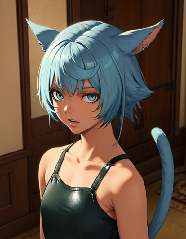 (masutepiece:1.2, Best Quality, Photo Real Stick), 1girl, radhy_shamar \(ffxiv\), (Cool Beauty), pixie cut, Blue hair, cat ears, cat tail:1.2, ((no-human ears:1.2, no-pinted ears:1.2)), light-cyan eyes, middlebreasts, ((black camisole:1.4, green leather-jaket:1.4)), red mini-skirt, ((Face Close-up:1.2, Face Focus:1.2, Looking at Viewer, Upper body)), Smile lightly without opening your mouth, fantasy background,