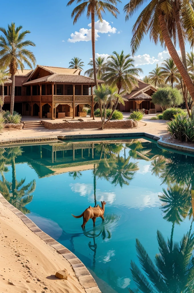 A house in the desert surrounded by coconut trees and small lake outside with camel drinking water under blue sky