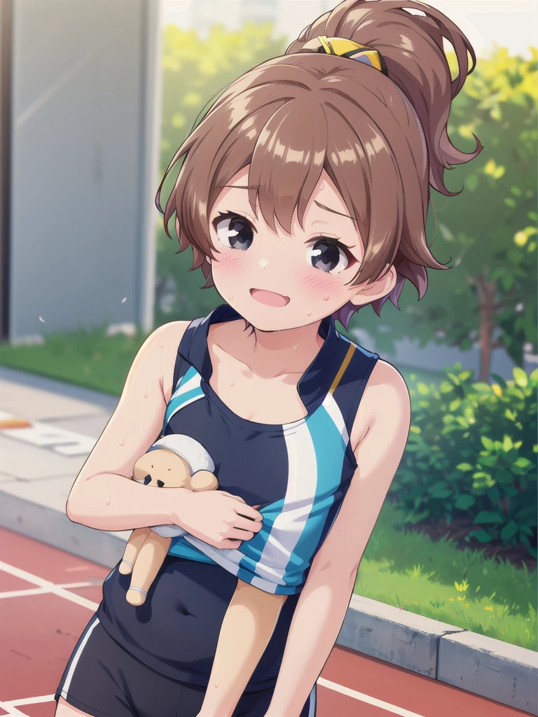 1girl,1boy,Outdoor,1girl,Track and field uniforms,Leaning forward,smile,Brown Hair, short hair, ponytail,Flat Chest,upper body,Cleavage,Sweating profusely,Chibi,,1boy,hug,white face,black hair,black eyes,white skinned,young aged man,