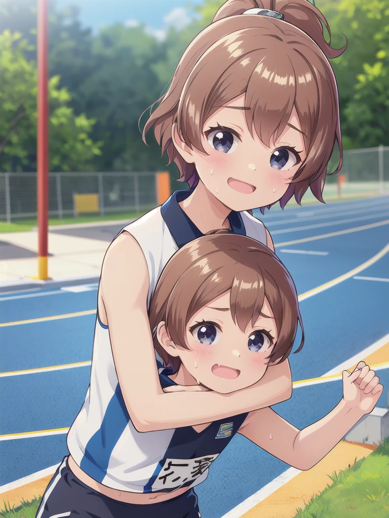 1girl,1boy,Outdoor,1girl,Track and field uniforms,Leaning forward,smile,Brown Hair, short hair, ponytail,Flat Chest,upper body,Cleavage,Sweating profusely,Chibi,,1boy,hug,white face,black hair,black eyes,white skinned,young aged man,