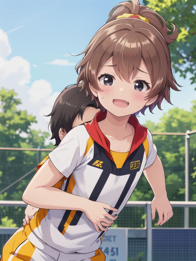 1girl,1boy,Outdoor,1girl,Track and field uniforms,Leaning forward,smile,Brown Hair, short hair, ponytail,Flat Chest,upper body,Cleavage,Sweating profusely,Chibi,,1boy,hug,white face,black hair,black eyes,white skinned,young aged man,