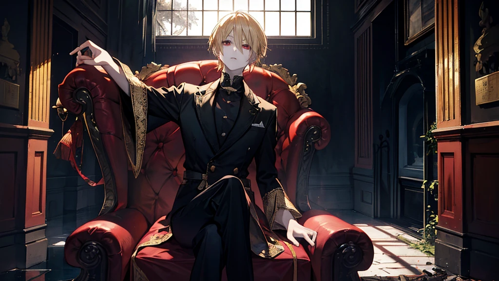 Blonde head, The red-eyed prince sits on his majestic throne in an abandoned palace. The environment around him was dark and gloomy., There is a crack in the wall，There&#39;s a spider&#39;s web there. The throne is magnificent, Gold and jewellery details, and is covered by a dusty cloth. The protagonist is dressed in royal attire, With a look of determination, He stared at the horizon with glowing red eyes.