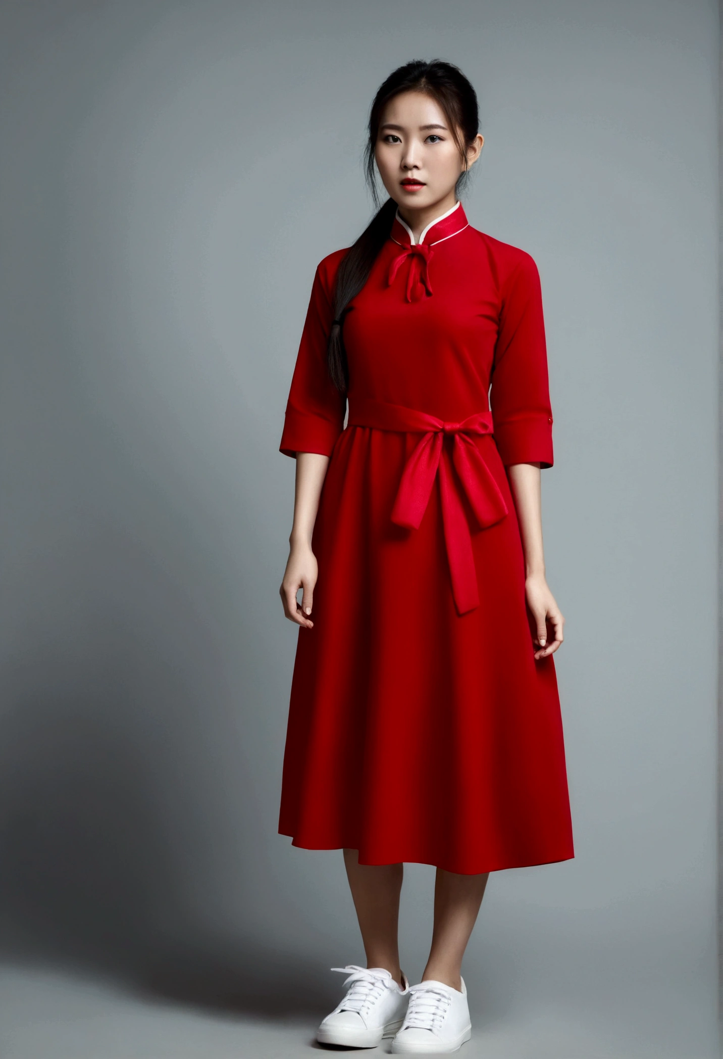 Asian woman with long hair,Ponytail, Wear a red dress, collar, button up, Three quarter sleeves, white sneakers, There is a red cloth tied around the waist.