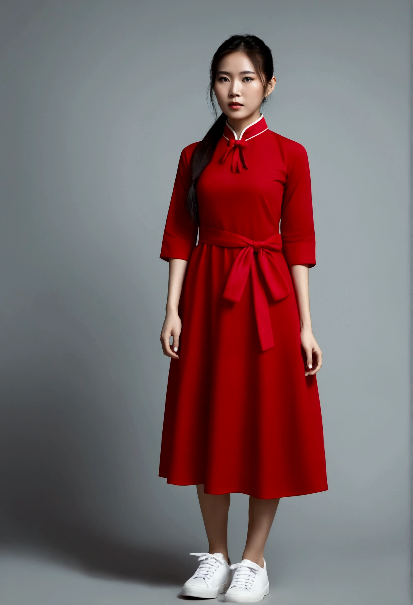 Asian woman with long hair,Ponytail, Wear a red dress, collar, button up, Three quarter sleeves, white sneakers, There is a red cloth tied around the waist.