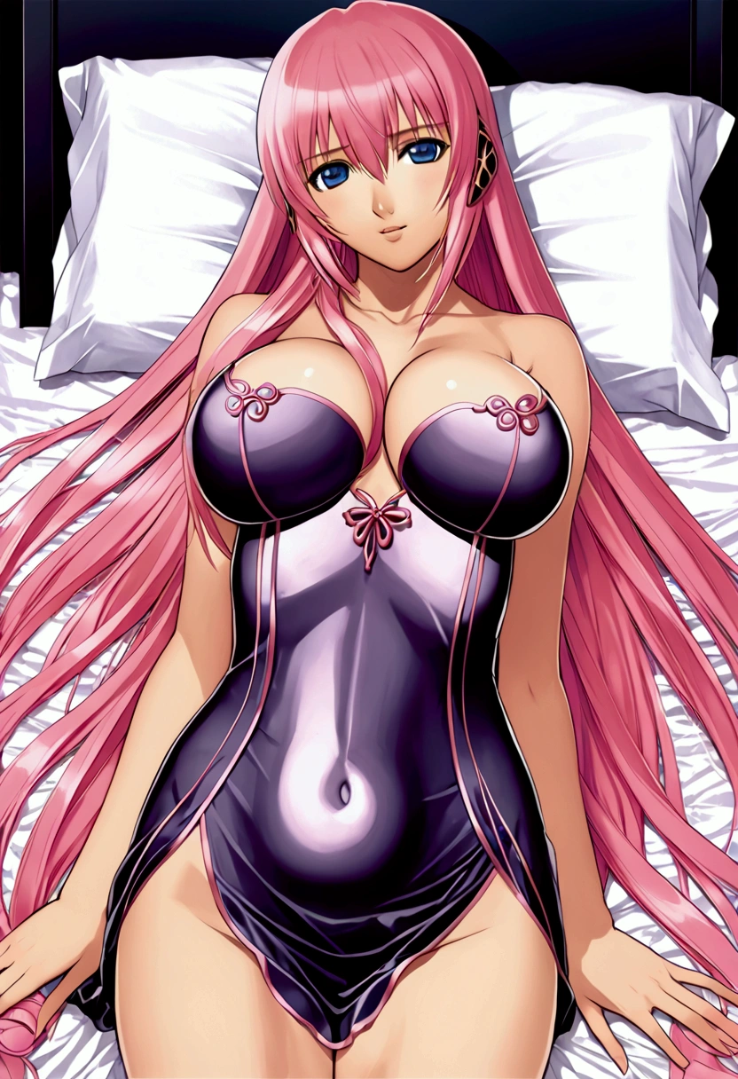 {{masterpiece}},{Detailed and beautiful depiction},Official Art,Beautiful adult woman,Megurine Luka,Pink long hair,blue eyes,Big Breasts,Draw the whole body,{{Erotic Seduction:2.0}},{I'm embarrassed},bed