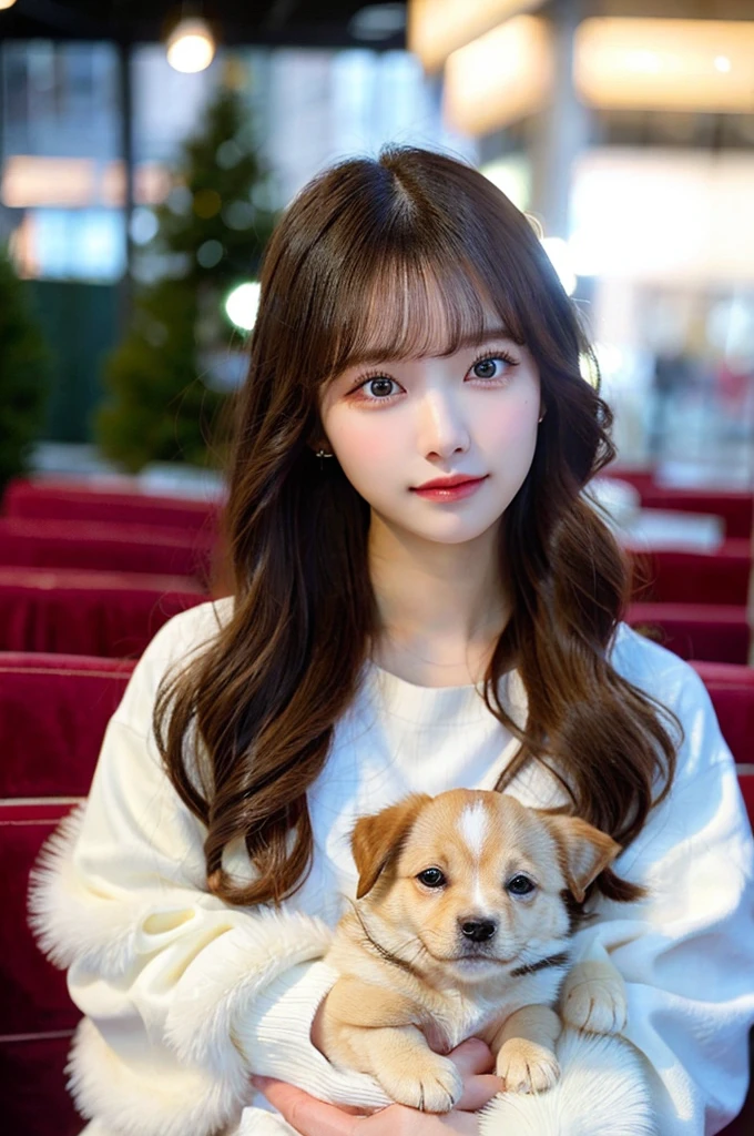 high-level image quality, 1 female college student, ((Holding a puppy)), Wavy Hair, ((Detailed face:1.2)), pale skin, (cold color), moist, reflector stay piece, (perfectly proportions), (photos realistic), (Best Quality), photographed in a Canon EOS R5, 50mm Lens, (8K), very long upper eyelashes, very long lower eyelashes, Detailed lashes, Curled eyelashes, Natural eyes, very beautiful eyelashes
