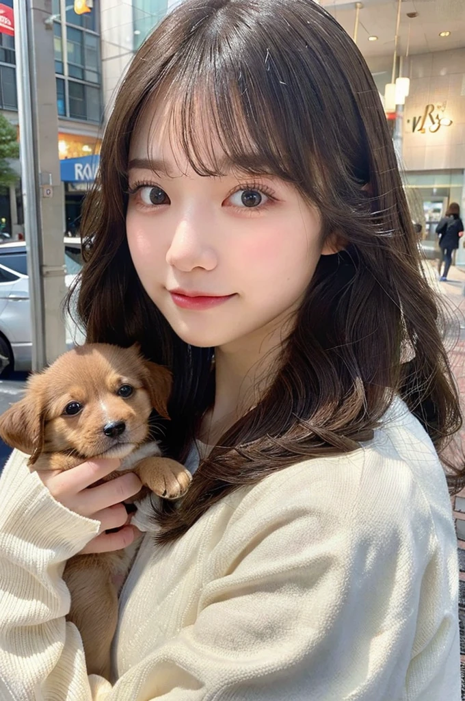  high-level image quality, 1 female college student, ((Holding a puppy)), Wavy Hair, ((Detailed face:1.2)), pale skin, (cold color), moist, reflector stay piece, (perfectly proportions), (photos realistic), (Best Quality), photographed in a Canon EOS R5, 50mm Lens, (8K), very long upper eyelashes, very long lower eyelashes, Detailed lashes, Curled eyelashes, Natural eyes, very beautiful eyelashes