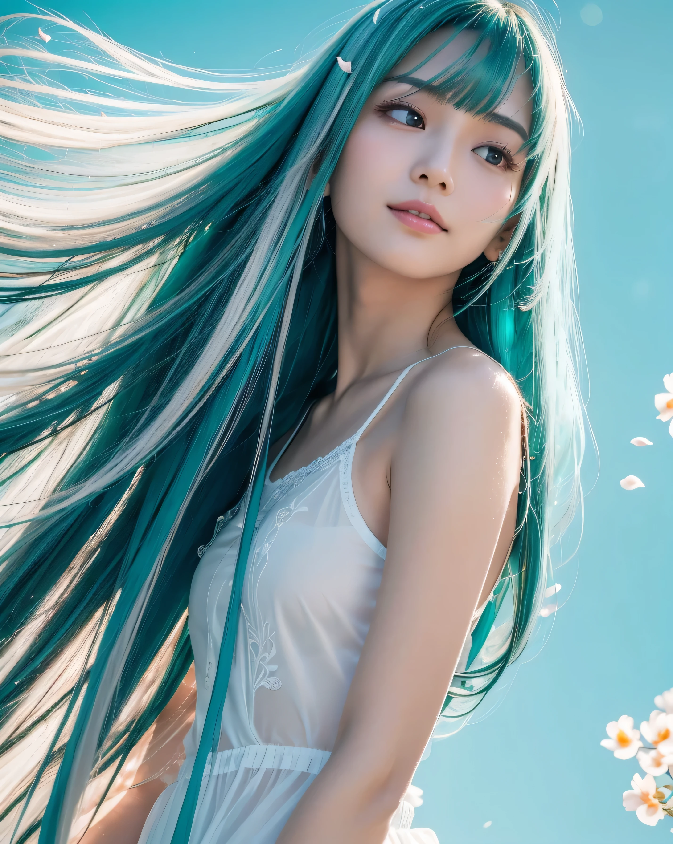 (Highest quality, 32k, High resolution, Masterpiece:1.5, ), marimo_jet, god々A photograph with brilliant dazzling and healing power., Evoking a sense of calm and elusive beauty, Expressing emotions, Have a rich imagination, Beautiful Japanese Girls, ((Low - Angle:1.4)), An exceptionally beautiful face, Small Face Beauty, Perfect Human Anatomy, Magical big eyes, Motherhood and generosity, Deep Love, fleeting smile, ((Shiny turquoise hair:1.4)), Super long straight silk hair swaying in the wind, Asymmetrical bangs, Hair between the eyes, Transparent, soft white skin, Sharp eyebrows, Thin lashes, Natural Makeup, Cheek highlighter, Lips with fine detail, (White see-through camisole:1.4), High resolutionの完璧な鎖骨, High resolutionの美しい胸元, Slim figure with ample breasts, High resolutionの美しい太もも, ((Beautifully detailed skies:1.2)), ((Vibrant petal effect:1.3)), Professional photographer, Professional Lighting, Professional models, god秘的