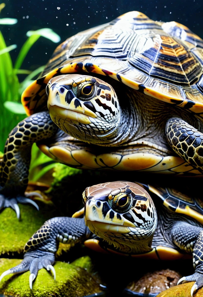 There is a creature at the bottom of the river，Birds heads，The body of a turtle and the tail of a snake，Mysterious Creatures, shrike, (best quality，4K，8K，High level，masterpiece：1.2），Ultra Detailed，（lifelike，Photo real，Photo real：1.37），Highly detailed animals，Complex patterns，Realistic lighting，Fantasy Creatures