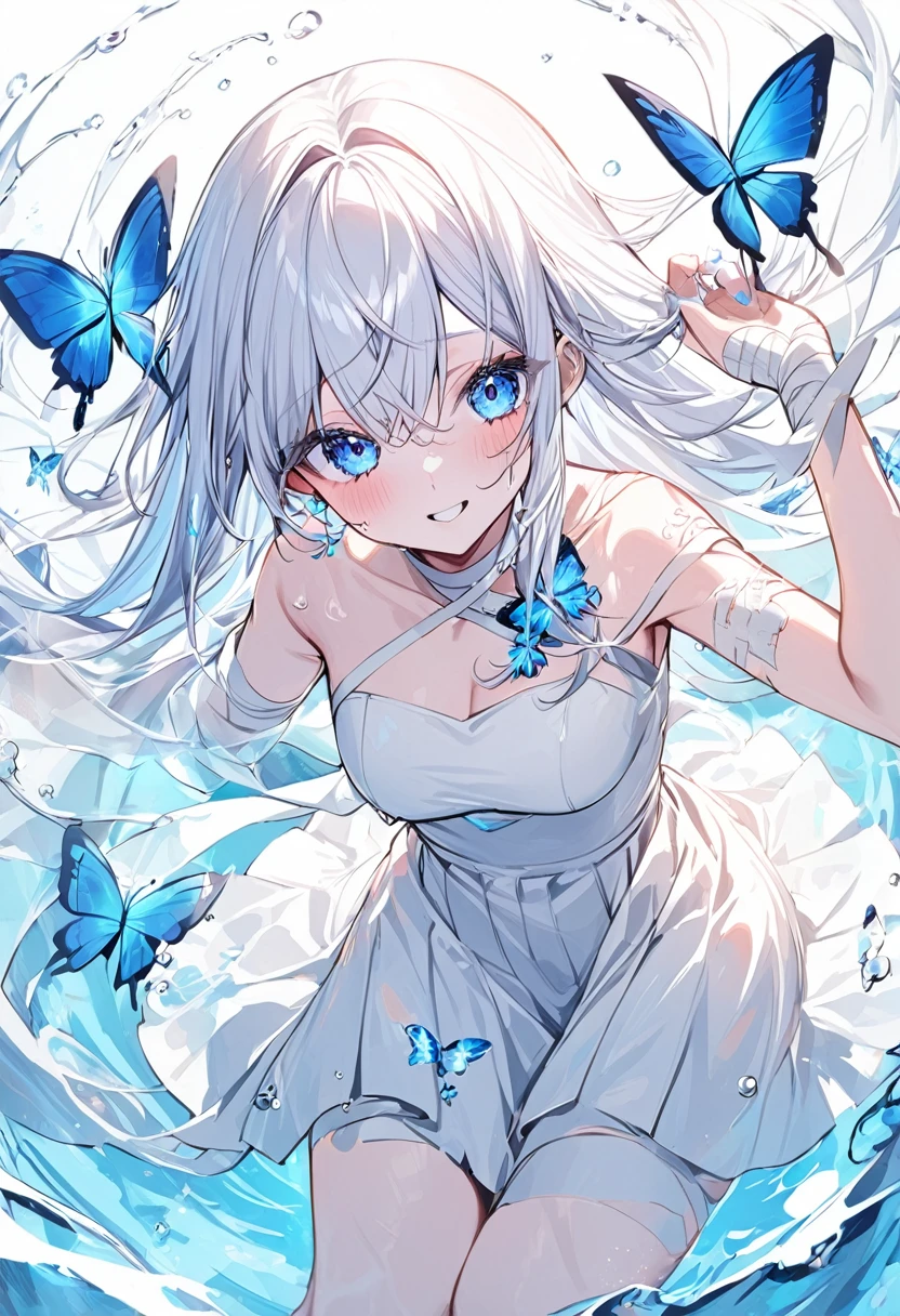 1 Girl, Clear water, Blue Butterfly, Pure white gauze skirt, Sparkling