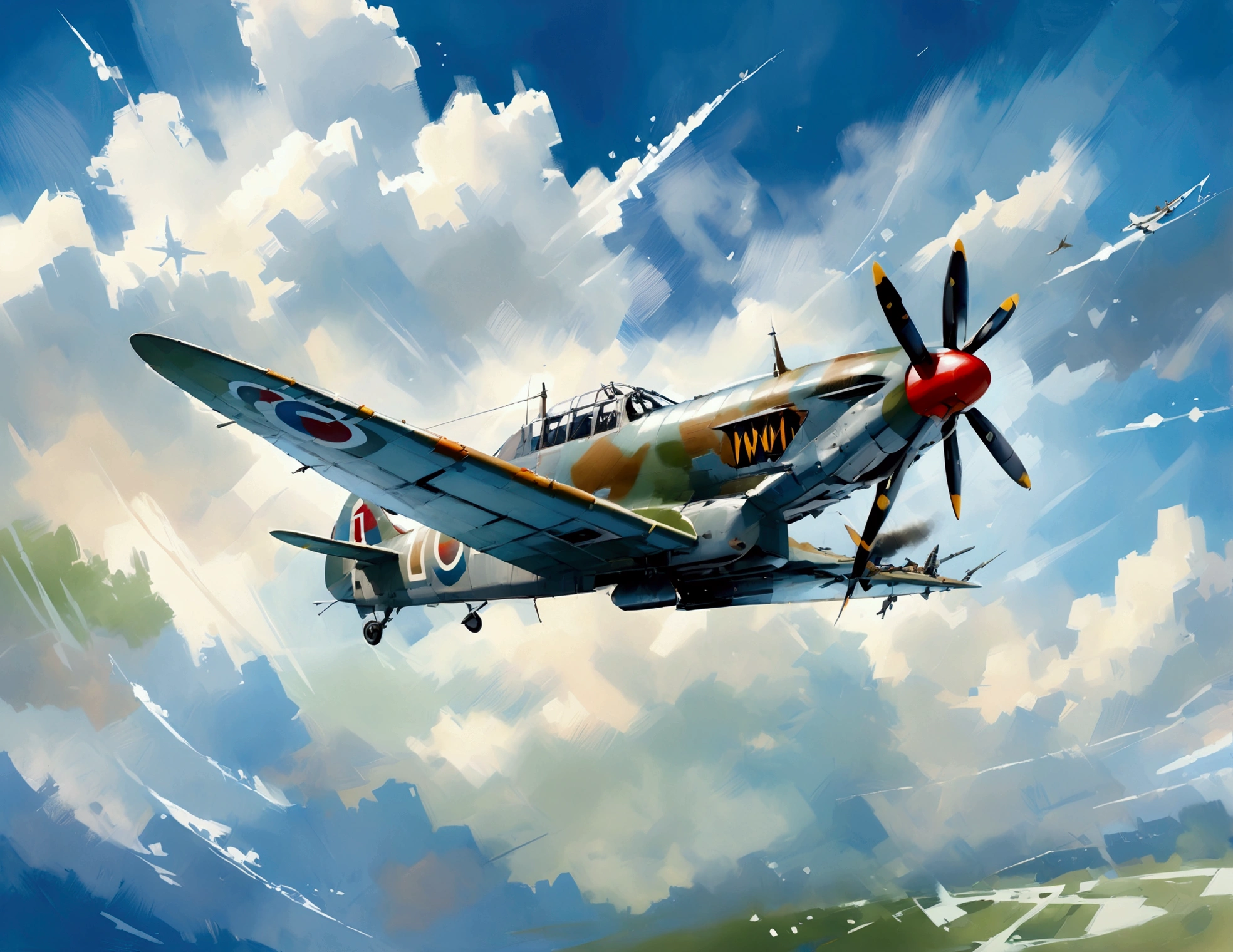 world war 2 spitfire aircraft flying on the sky, isolated sky background, leonardo illustration, vector style , (lora: leonardo-illustration:1), oil and watercolor painting