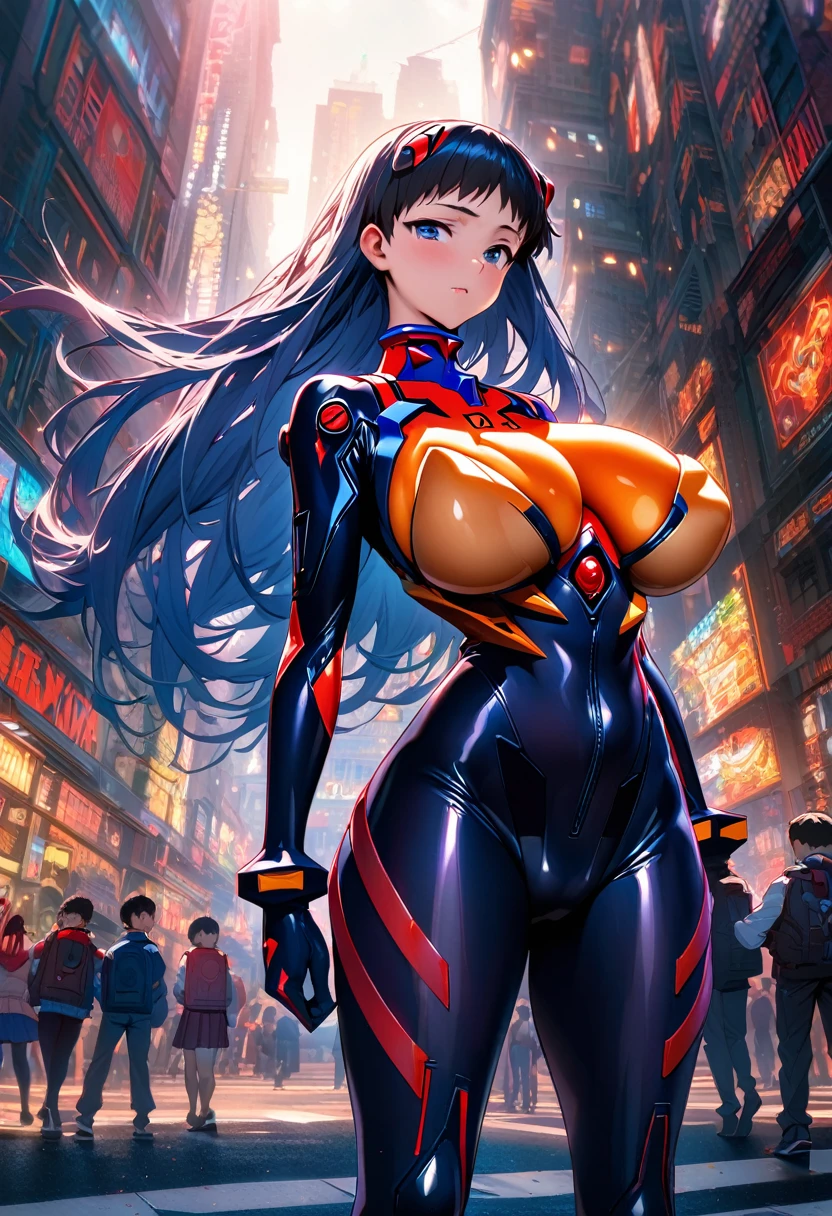 Evangelion plugsuit, male focus, Shinji Ikari, school uniform 碇真嗣 Super huge big breasts breast enlargement sci-fi city full-body shot 插图, ultra-detailed, HDR, vibrant colors, soft lighting