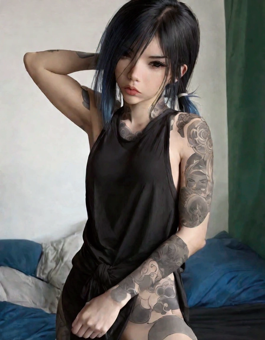 A cute woman (sexy small outfit, tattoos) in a rock music video, pouting, sexy pose near a bedroom, a fan makes a strong wind blowing her hair (show her from head to toe, show all of her)