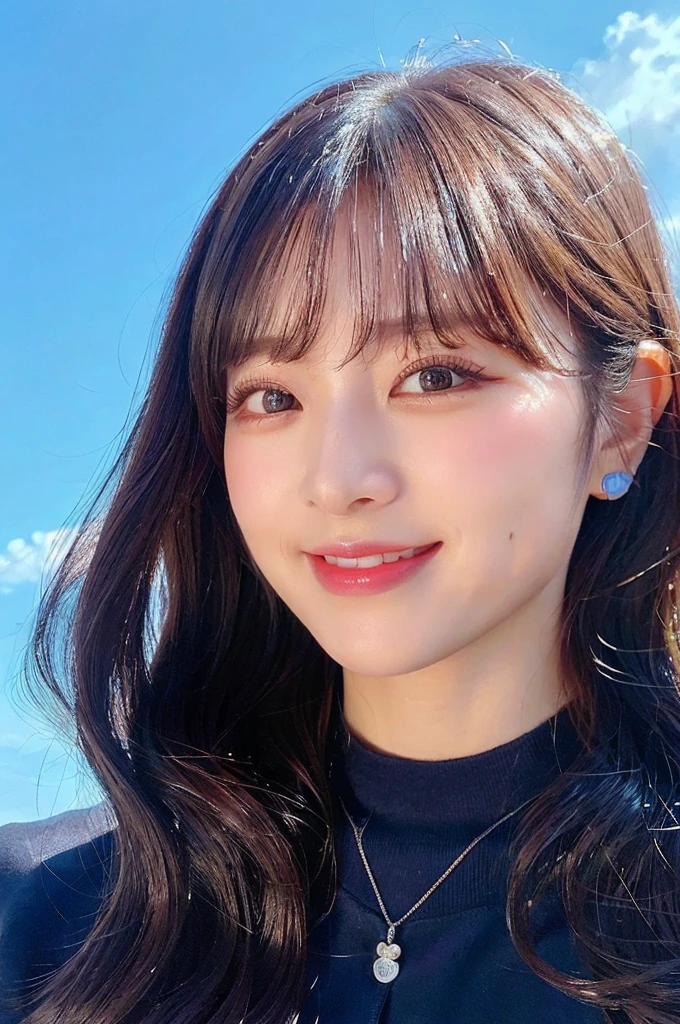 ((big laugh)), high-level image quality、1 female college student, raw, cute face, (black bob hair), )((Portrait)),  (sky blue background:1.4), ((Detailed face:1.2)), ((A detailed face Characterized by fine skin), pale skin, , (cold color), moist, moist, reflector stay piece) (perfectly proportions)(photos realistic)(Best Quality) photographed in a Canon EOS R5, 50mm Lens,(8K), very long upper eyelashes、Very long lower eyelashes、Detailed lashes、Curled eyelashes、eyelash perm、Beautiful lashes, Natural eyes、