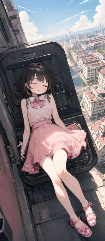 (masterpiece, best quality),from above , 1little dead  girl who is around 6,lying on the ground,eyes closed,unresponsive, Red liquid coming out of her body,solo,  brown eyes, black hair, city, cloudy sky, pink sleeveless short dress,pink bow on her dress,pink sandal, \(machine\), dutch angle,