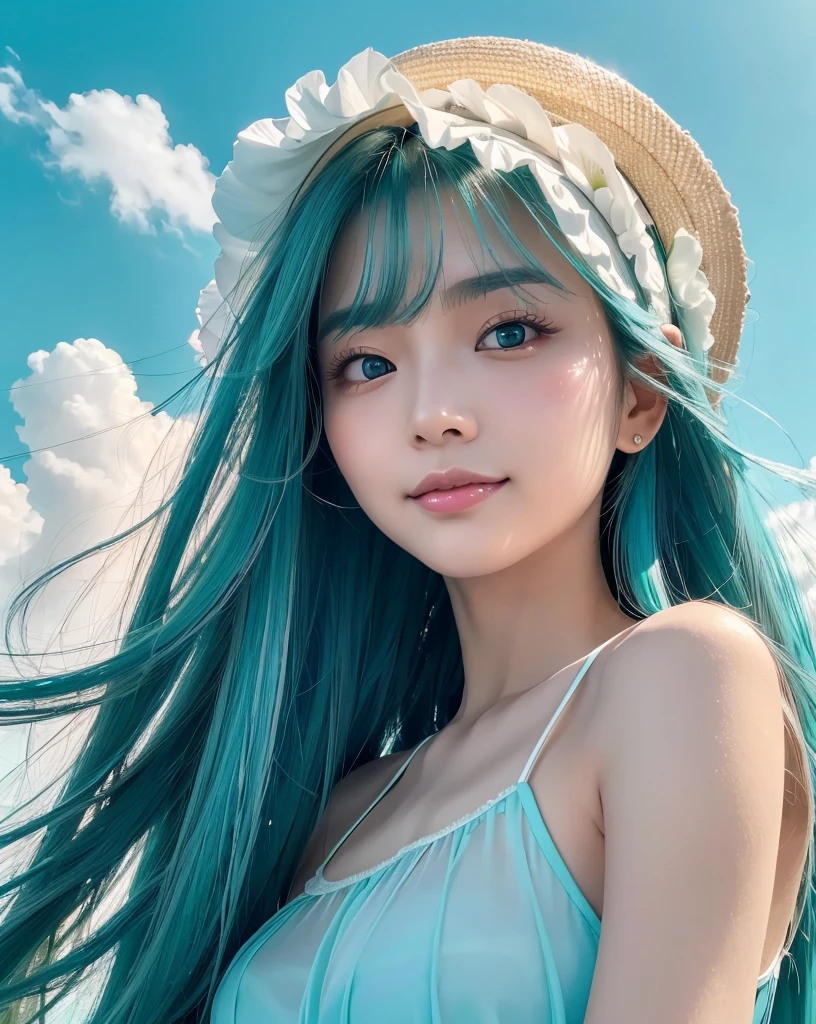 (Highest quality, 32k, High resolution, Masterpiece:1.5, ), marimo_jet, god々A photograph with brilliant dazzling and healing power., Evoking a sense of calm and elusive beauty, Expressing emotions, Have a rich imagination, Beautiful Japanese Girls, ((Low - Angle:1.4)), An exceptionally beautiful face, Small Face Beauty, Perfect Human Anatomy, Magical big eyes, Motherhood and generosity, Deep Love, fleeting smile, ((Shiny turquoise hair:1.4)), Super long straight silk hair swaying in the wind, Asymmetrical bangs, Hair between the eyes, Transparent, soft white skin, Sharp eyebrows, Thin lashes, Natural Makeup, Cheek highlighter, Lips with fine detail, (White see-through camisole:1.4), High resolutionの完璧な鎖骨, High resolutionの美しい胸元, Slim figure with ample breasts, High resolutionの美しい太もも, ((Beautifully detailed skies:1.2)), ((Vibrant petal effect:1.3)), Professional photographer, Professional Lighting, Professional models, god秘的