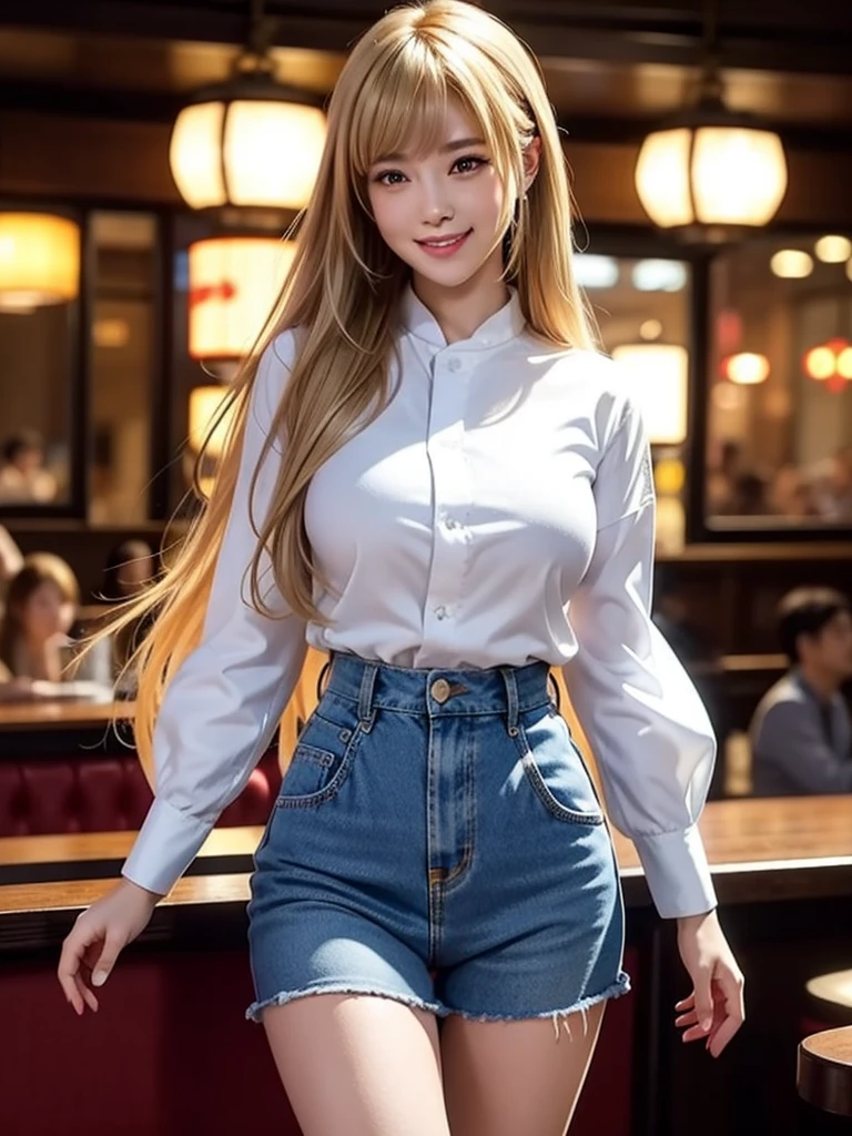 (masterpiece)、Highest quality、Ultra-high resolution、Cowboy Shot、Slim Body、1girl、、Long blonde hair、bangs、Smile、ramen、night、Tokyo restaurant blurred background、Colorful lights、Photon Mapping、Radio City、Physically Based Rendering、Cinematic lighting、Complex、High detail、Sharp Focus、dramatic、Photorealistic、Big Breasts、Wide pelvis、Thigh、Crotch gap、