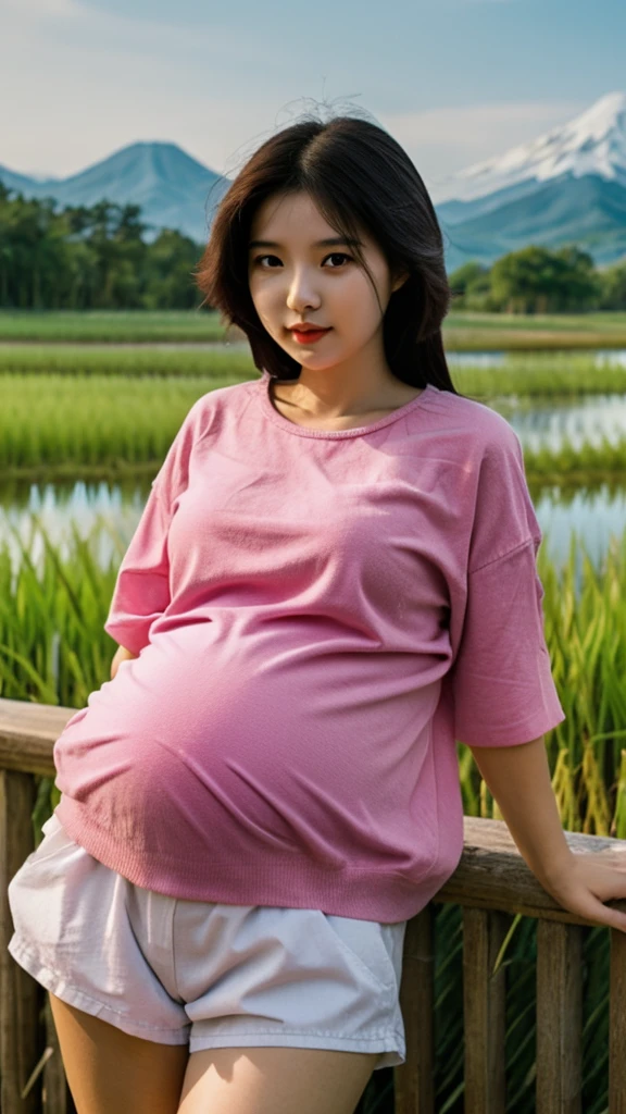 Beautiful young 17 year old Japanese woman, 4 months pregnant wearing a pink shirt wearing sexy white shorts
place in the rice fields