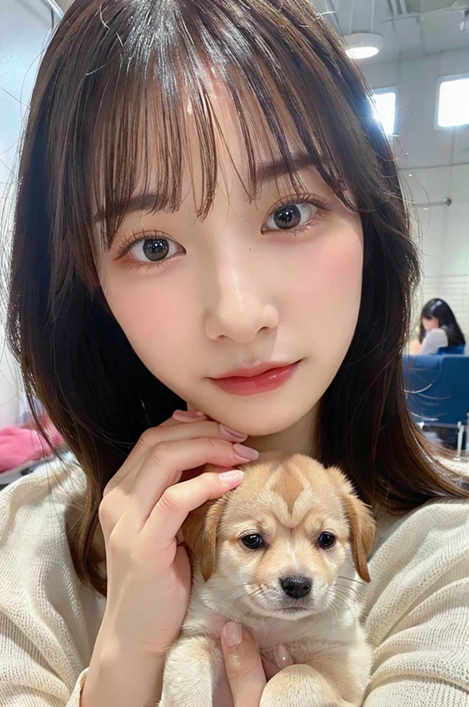 high-level image quality, 1 female college student, ((Holding a puppy)), ((Detailed face:1.2)), pale skin, (cold color), moist, reflector stay piece, (perfectly proportions), (photos realistic), (Best Quality), photographed in a Canon EOS R5, 50mm Lens, (8K), very long upper eyelashes, very long lower eyelashes, Detailed lashes, Curled eyelashes, Natural eyes, very beautiful eyelashes