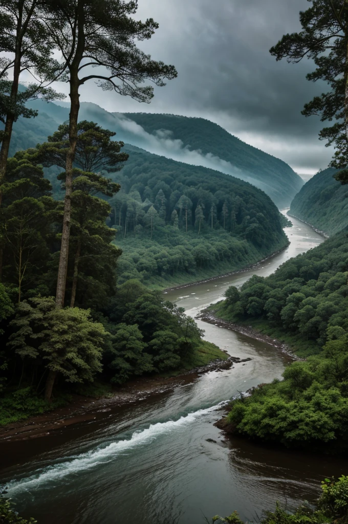 A clear view of large river in forest with clear view of ship into the river in dark weather and raining