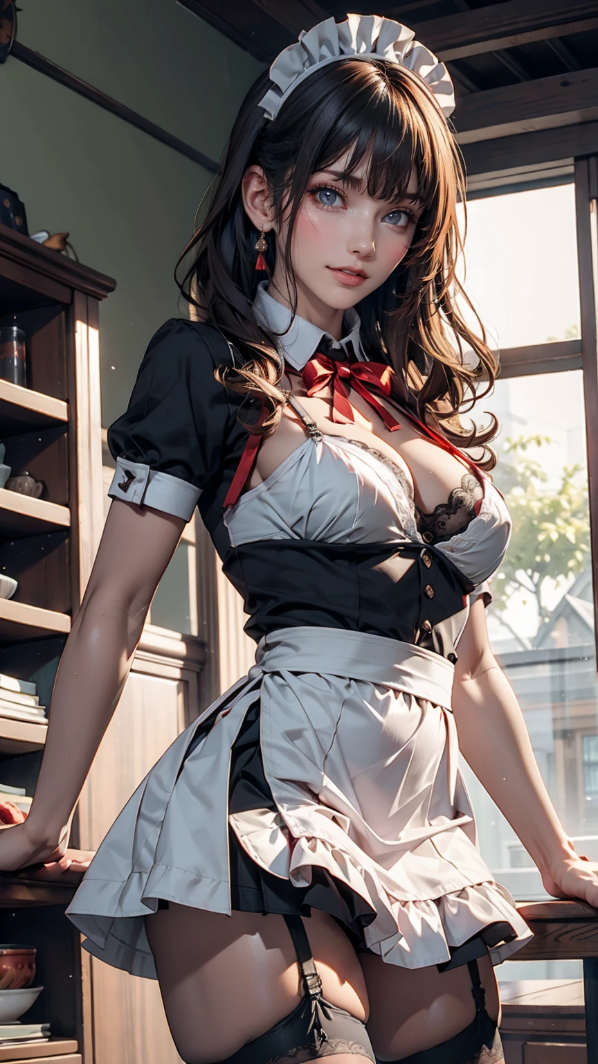 masterpiece, Highest quality, High resolution, 1 and later, fujiwara chika, Maid dress, chest, Red ribbon, Blunt bangs, large chest, Cowboy Shot, smile, indoor, Sexy pose, chestを出して, Maid, meidofuku, black Maid dress, about, Maid about, mini skirt, Garter Straps, stockings, Hands Behind Back,Sexy proportions、Sexy、Narrow waist