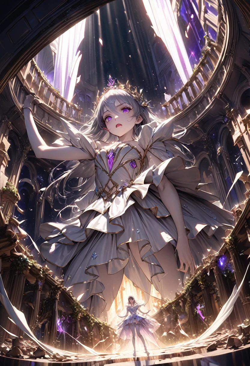 (Highest quality, masterpiece, Very detailedな, Very detailed, Exquisite, 16K, Confused, Full HD), Castles with Gothic architecture, Luxurious and luxurious decoration,((Collapse)),sad,seems painful,(Fairy Knight Princess, Purple eyes, Big eyes, White skin, expensive, slim, thin and long),(decided, gone crazy, Serious expression), Close your eyes and open your mouth a little,Gray Hair, (Fantasy, Romantic atmosphere), magical armor,Theatre Studies, Realistic, , (Medium Shot), (From below), Low angle shot, Front view, ((Symmetrical Configuration)), Shine, (Dramatic lighting), (Cinema Lighting), (Volumetric lighting), (Dynamic Lighting), (Architectural Photography)