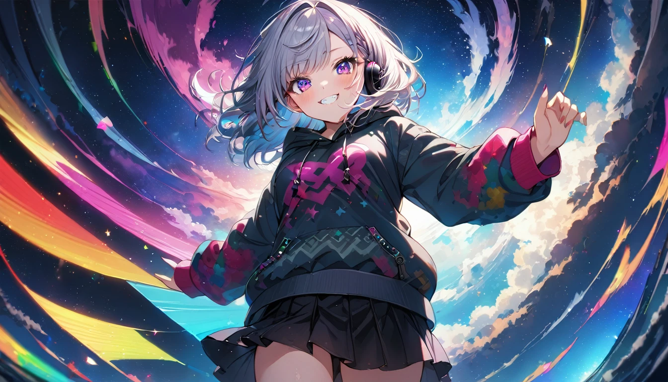 ((Masterpiece)), ((best quality)), (Anime:1.3), (super detail:1.2), (High Definition:1.3), (Professional Photography:1.3), A cute young Girl, Glossy unruly hair, (loose swept bangs), (silver ash hair), medium hair, big eyes, (Eye bags:1.3), (Long eyelashes), colorful eyes, (evil smile and blush), Glossy lips, (jagged teeth), farewell, ((Camouflage hoodie with oversized)), barearms, cute, (colorful:1.3), gothic makeup, (wearing headphone), black mini skirt, wind, beautiful, dancing, pretty, Celtic, maniac, upper body, starry night, (dutch angle:1.3), (from below),