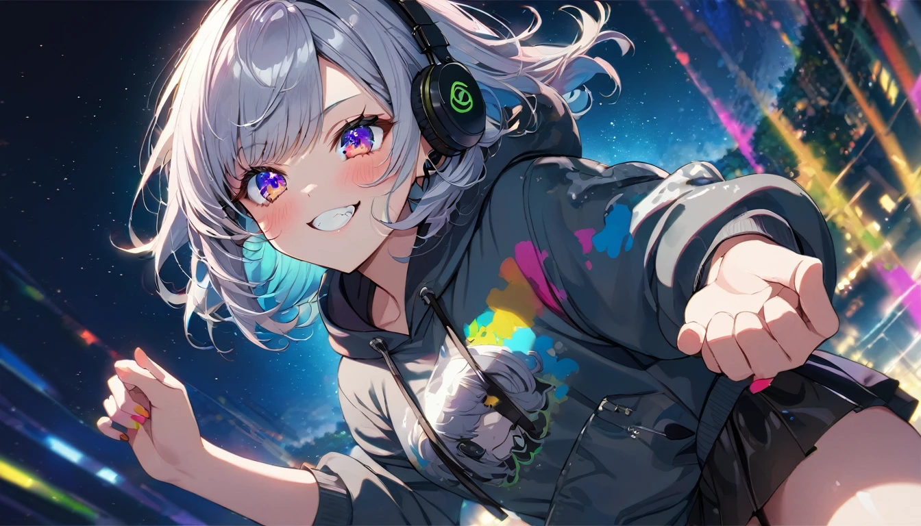 ((Masterpiece)), ((best quality)), (Anime:1.3), (super detail:1.2), (High Definition:1.3), (Professional Photography:1.3), A cute young Girl, Glossy unruly hair, (loose swept bangs), (silver ash hair), medium hair, big eyes, (Eye bags:1.3), (Long eyelashes), colorful eyes, (evil smile and blush), Glossy lips, (jagged teeth), farewell, ((Camouflage hoodie with oversized)), barearms, cute, (colorful:1.3), gothic makeup, (wearing headphone), black mini skirt, wind, beautiful, dancing, pretty, Celtic, maniac, upper body, starry night, (dutch angle:1.3), (from below),