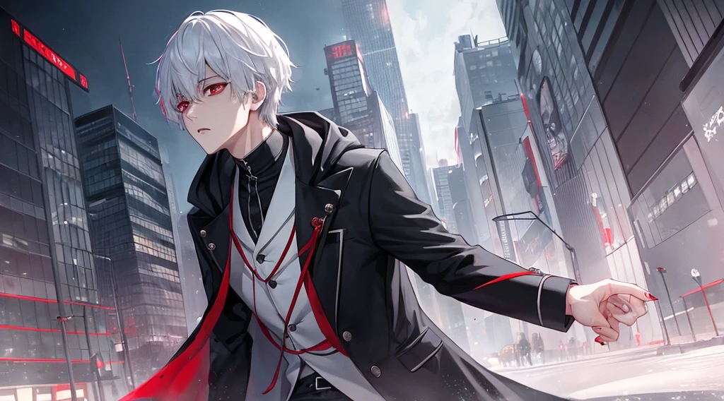 KK, Best quality at best, higher details, tmasterpiece, 1boys, Kaneki Lab, sportrait, malefocus, red eyes, alone, By bangs, looking at viewert, hooding, short detailed hair, Sateen, tokyo tokyo \(City\), Cover up, nail polish, White hair, posh, 8K, Detailed pubic hair, Ray traching, depth of fields, light,