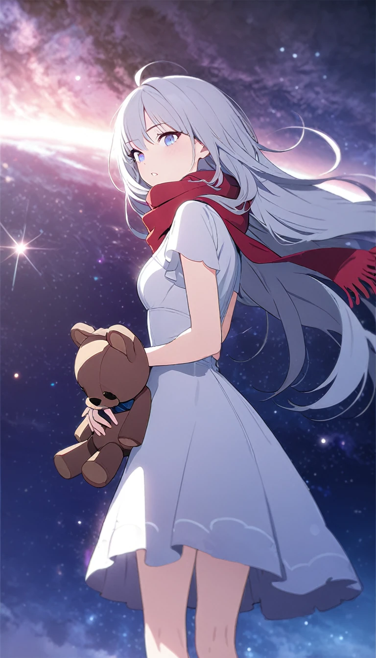 (((masterpiece))), (((best quality))),(((high detail))),light manipulation, girl with long silver hair, gradient purple to sky blue eyes, wearing a white dress, a red scarf, galaxy background, holding a teddy bear, feet, no footwear