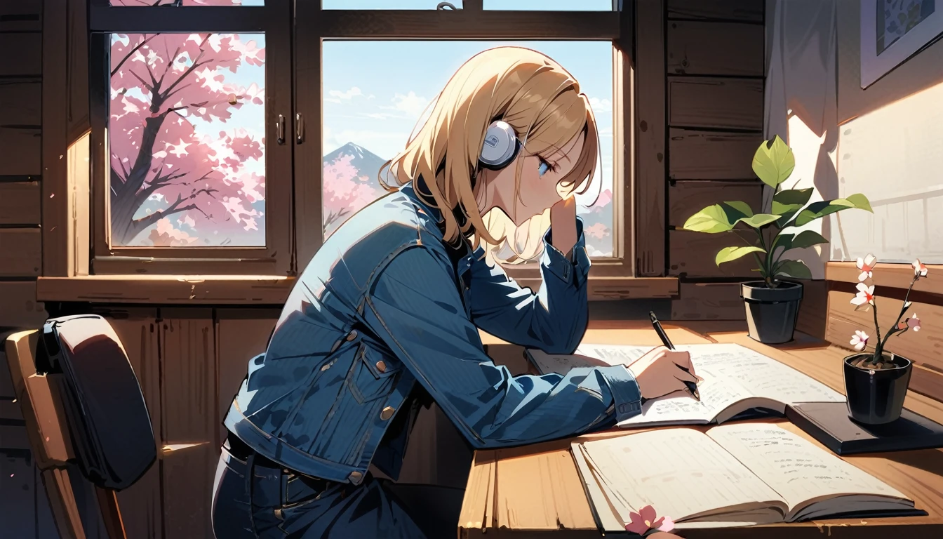 (masterpiece, Highest quality:1.2), One girl, alone, Android 18 from Dragon Ball in a chic and clean log cabin room, Slim figure, (Wear white headphones), Short blonde, blue eyes, Earrings, jewelry, Denim jacket, Black Pantyhose, Black Fit&Cropped camisole, Denim skirt, long sleeves with stripes, expose your shoulders, Sitting at a stylishly organized desk、I write my diary avidly, I am completely absorbed in recording my thoughts., The desk is equipped with a modern desk lamp, Potted plants, an additional small Potted plants in the foreground, Chic log cabin style wooden walls, Simple yet、Classy room decor without clutter, Cherry blossoms are blooming outside the large window., Side view, 4K