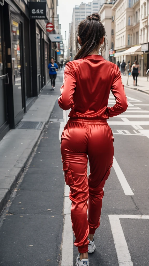 A sexy slim woman aged 16 walks through the city, she is wearing a tight Cargo satin tracksuit, Her breasts, sexy ass,candid Ass, Jogging , 4k, beautiful woman, erotic Charisma,wet clothes,