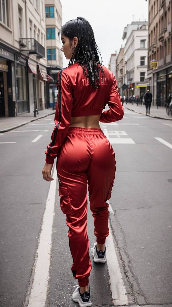 A sexy slim woman  walks through the city, she is wearing a tight Cargo satin tracksuit, Her breasts, sexy ass,candid Ass, Jogging , 4k, beautiful woman, erotic Charisma,wet clothes,