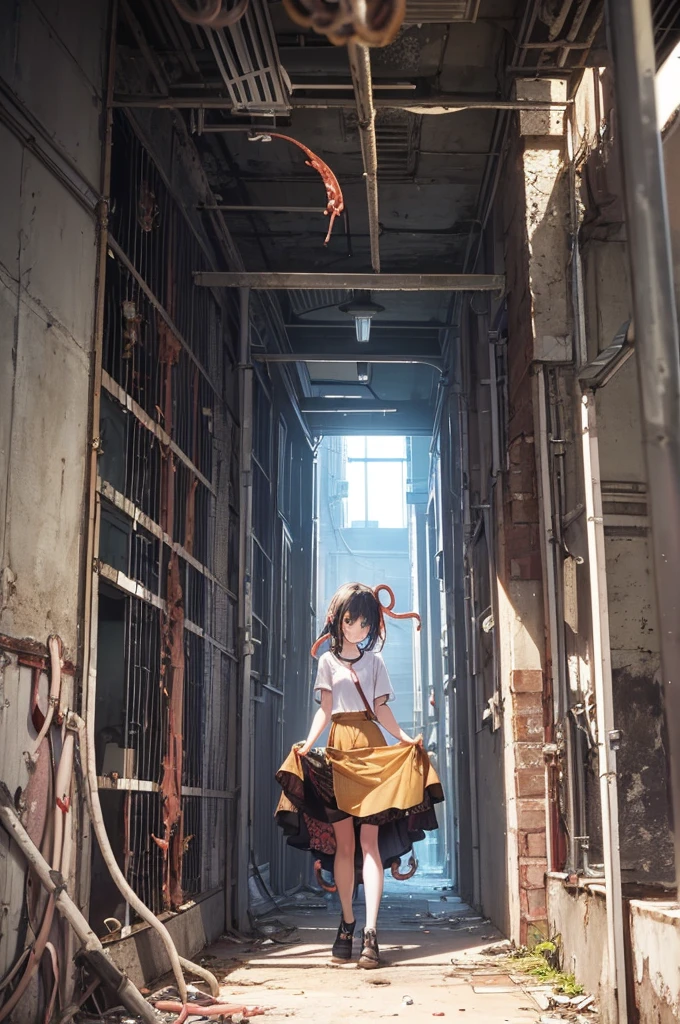 Girl captured by tentacles in abandoned factory Tentacles in a skirt Pants fabric texture
